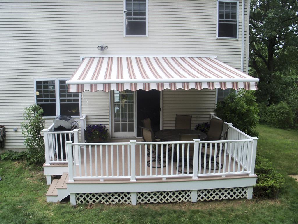 striped awnings outside of commercial building