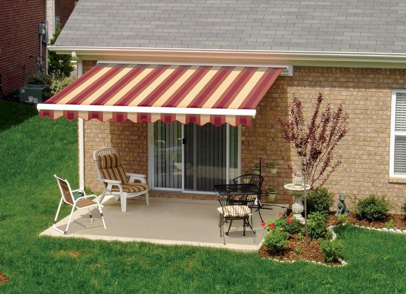 striped awnings outside of commercial building
