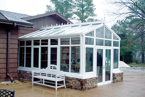 striped awnings outside of commercial building