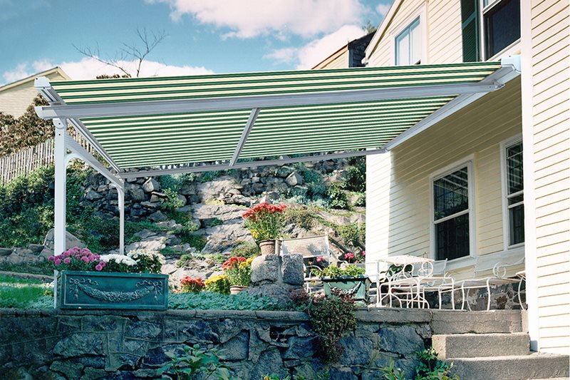 striped awnings outside of commercial building